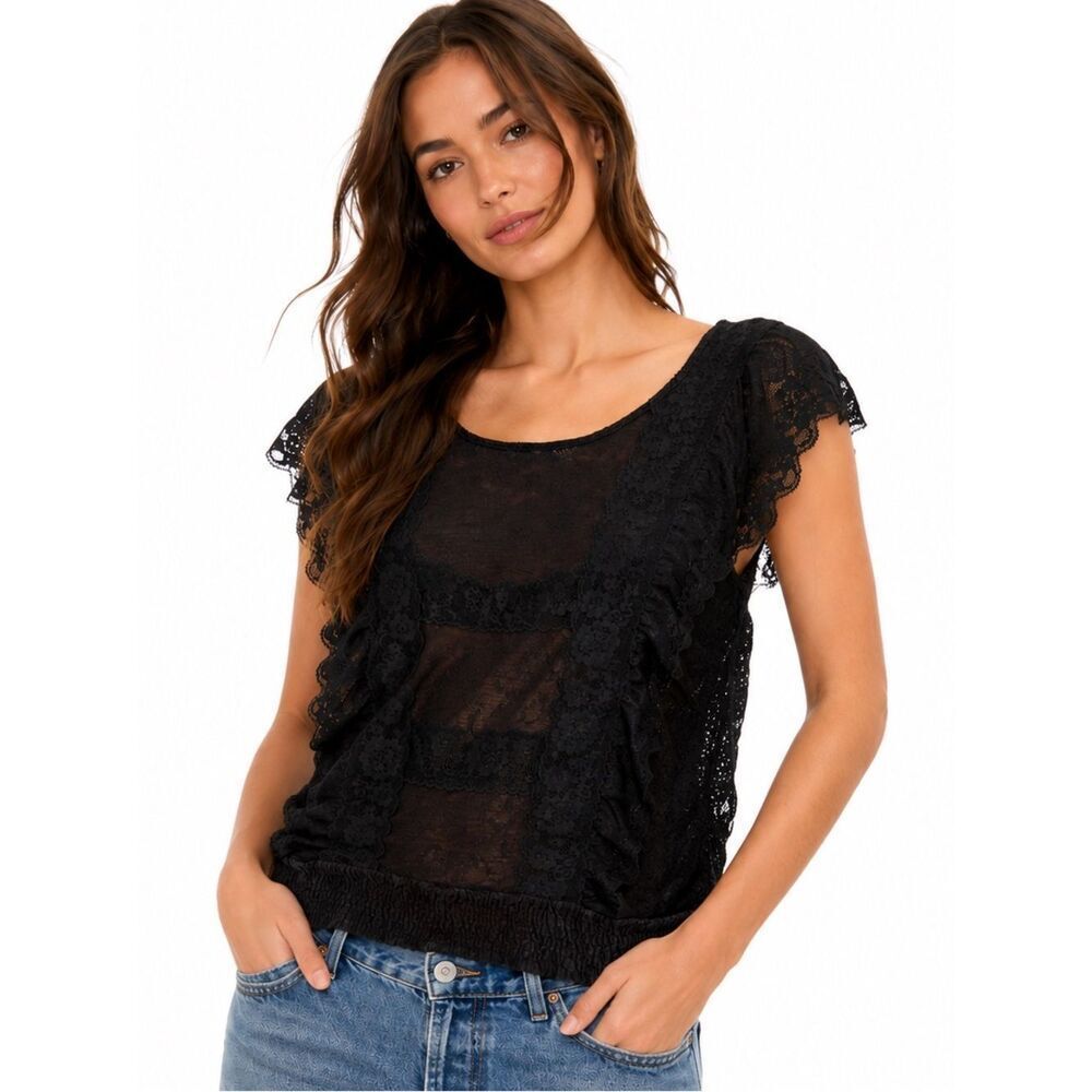 Free People Black Sheer Lace Ruched Boho Top Small